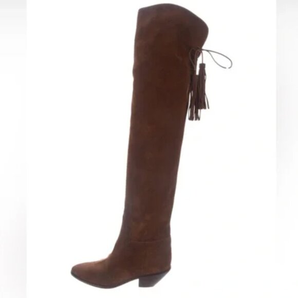 Yves Saint Laurent Shoes - YSL Saint Laurent OTK Over-the-Knee Brown Suede Lace-Up Boots Size 37.5